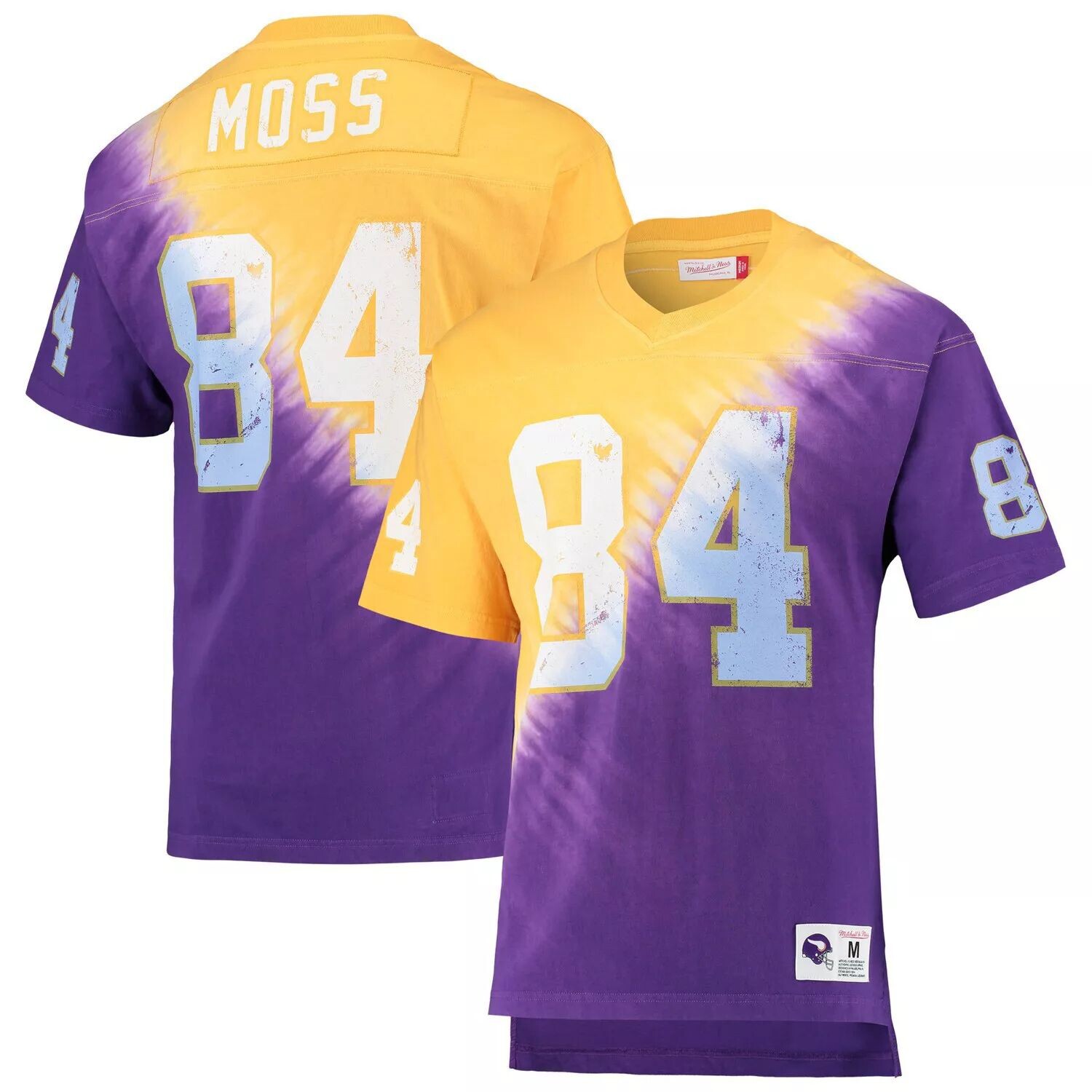 

Мужская футболка Mitchell & Ness Randy Moss Gold/Purple Minnesota Vikings с именем и номером игрока в отставке, диагональная футболка тай-дай с v-образным вырезом