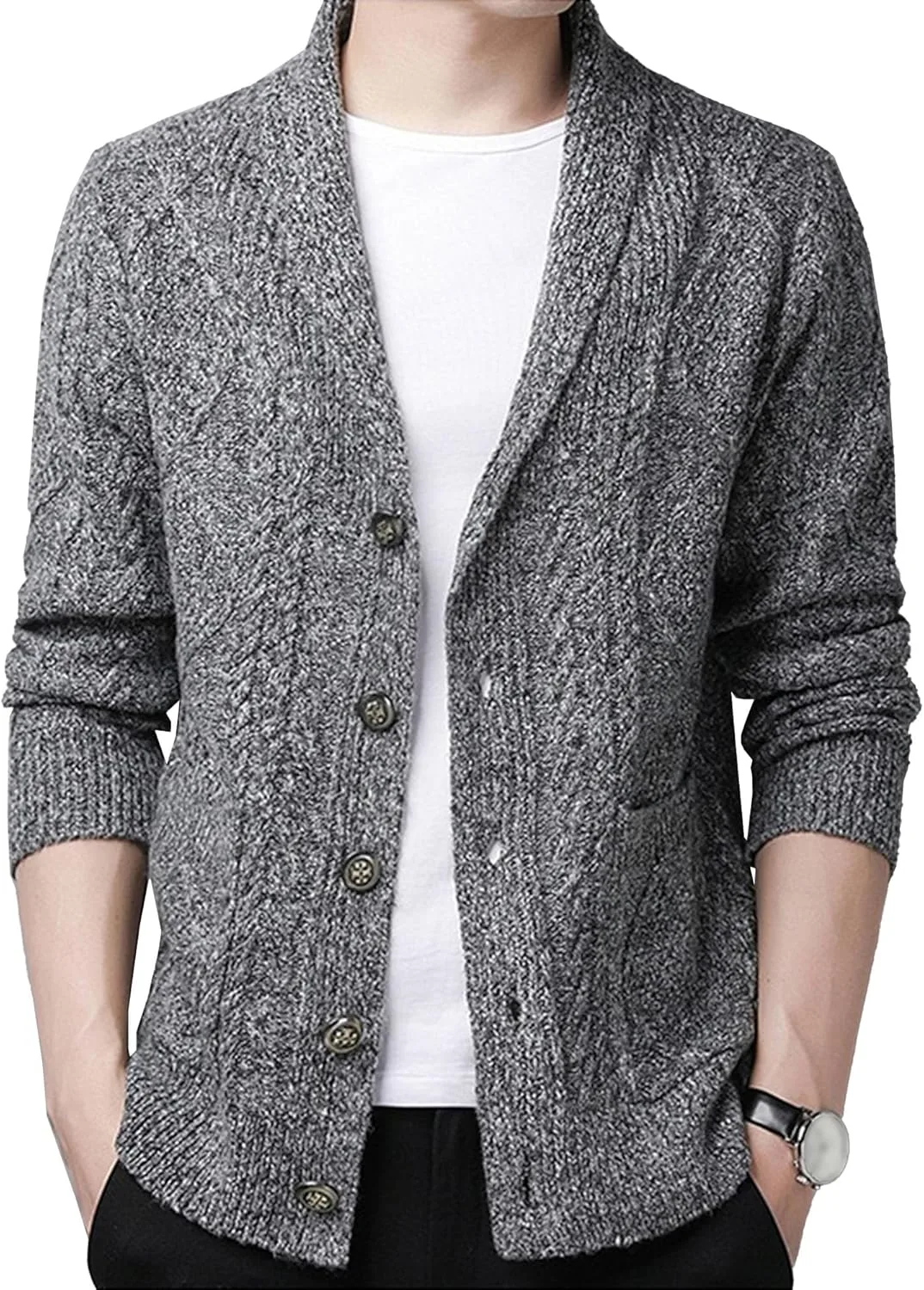 

Мужской кардиган с воротником шаль и застежкой на пуговицы