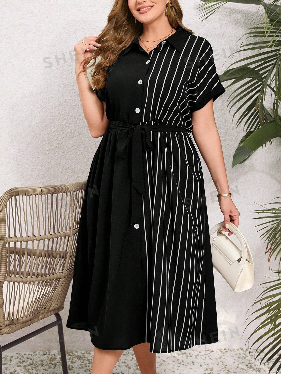 

Женская Летняя рубашка размера «летучая мышь» размера плюс в черную полоску, платье с короткими рукавами Emery Rose, черный