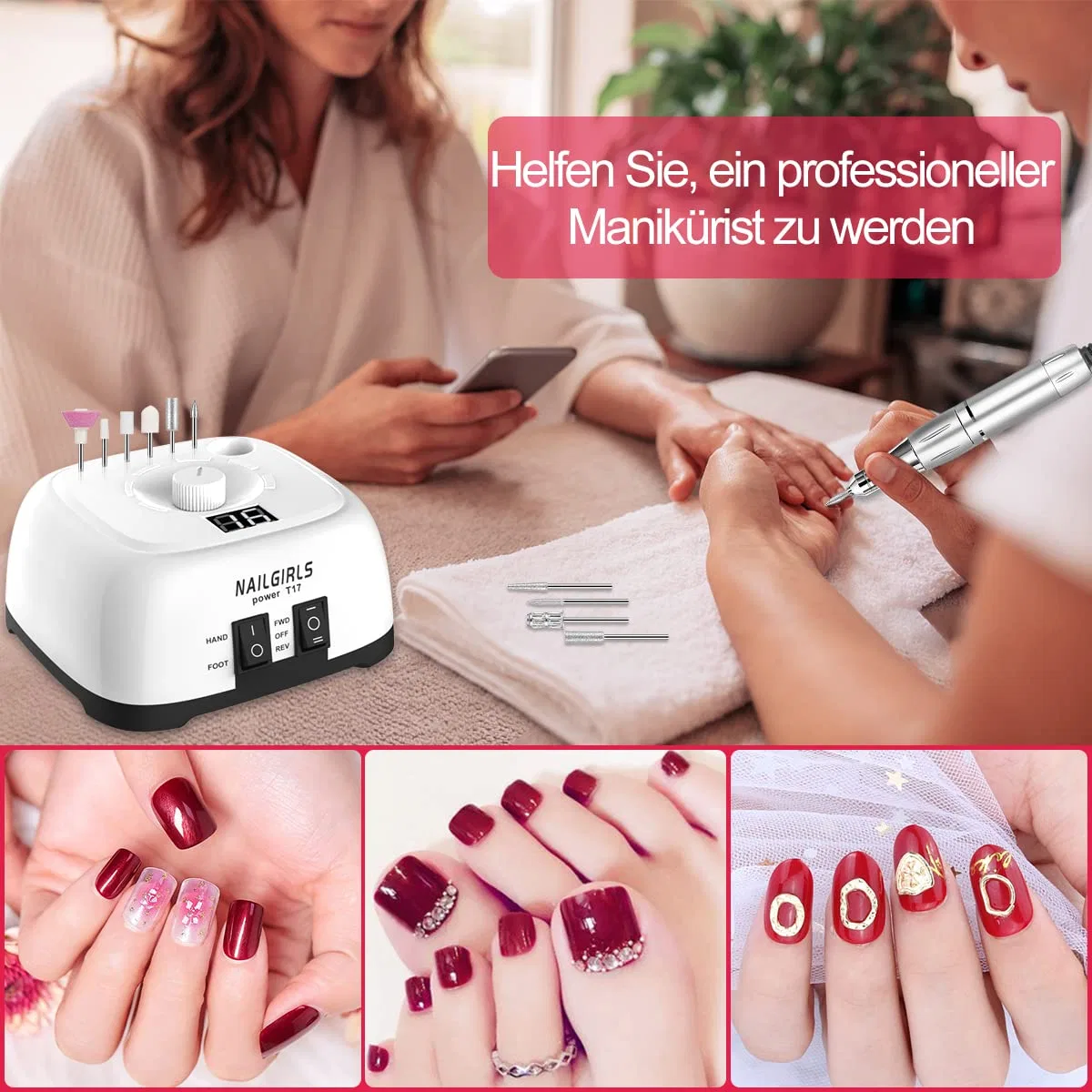 Электрический фрезер для ногтей NAILGIRLS 11-в-1, 35000 об/мин Nailgirls, White — фото 3