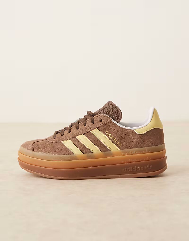 Кроссовки на платформе Adidas Originals Gazelle Bold коричневого и желтого цветов — фото 2