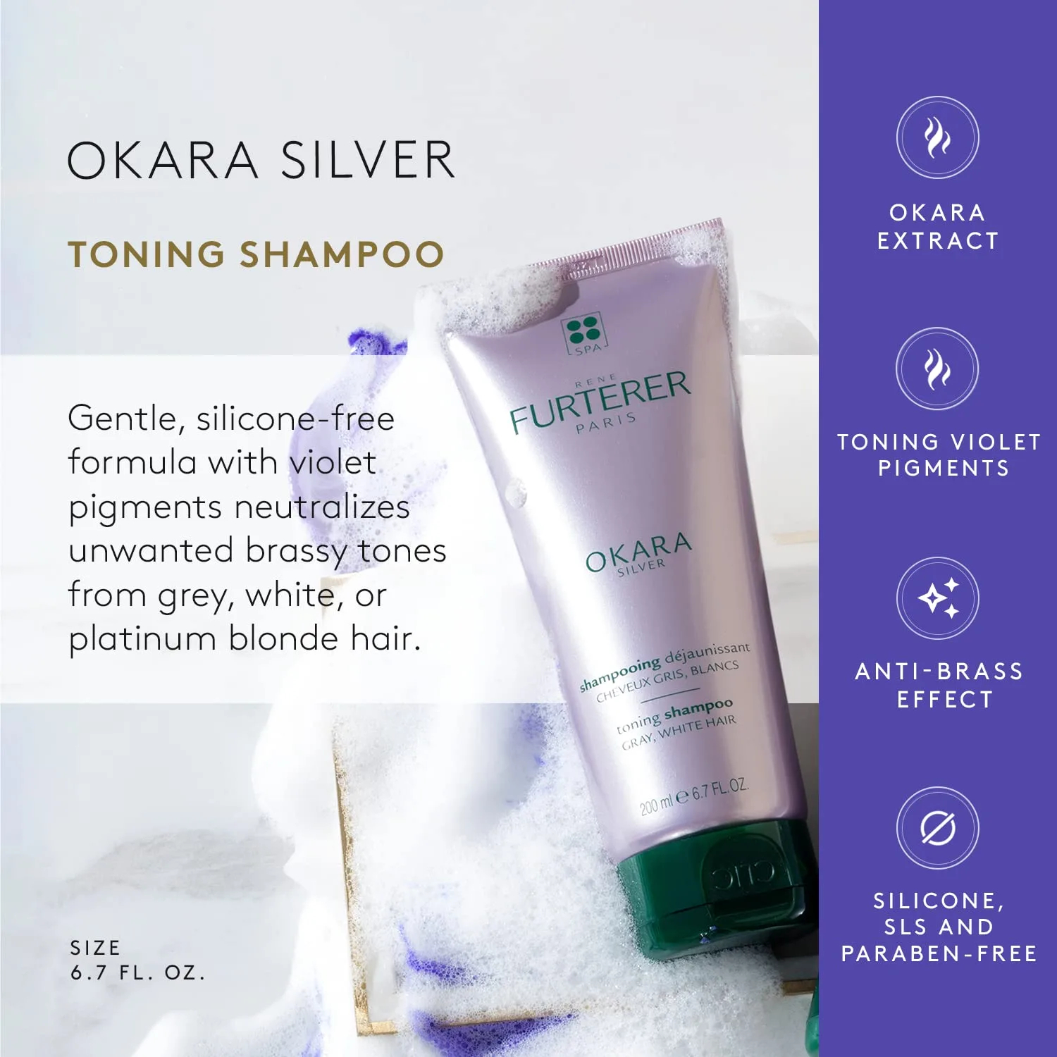 Тонирующий шампунь Rene Furterer OKARA SILVER, фиолетовый шампунь для светлых, белых, седых, серебристых и пастельных волос, 6,7 унций. 189.95 г (.), Silver — фото 2