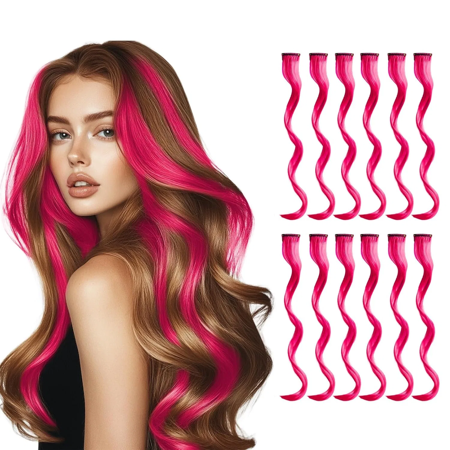 Набор из 12 малиновых прядей для наращивания волос на заколках Cencery, Pink-Red