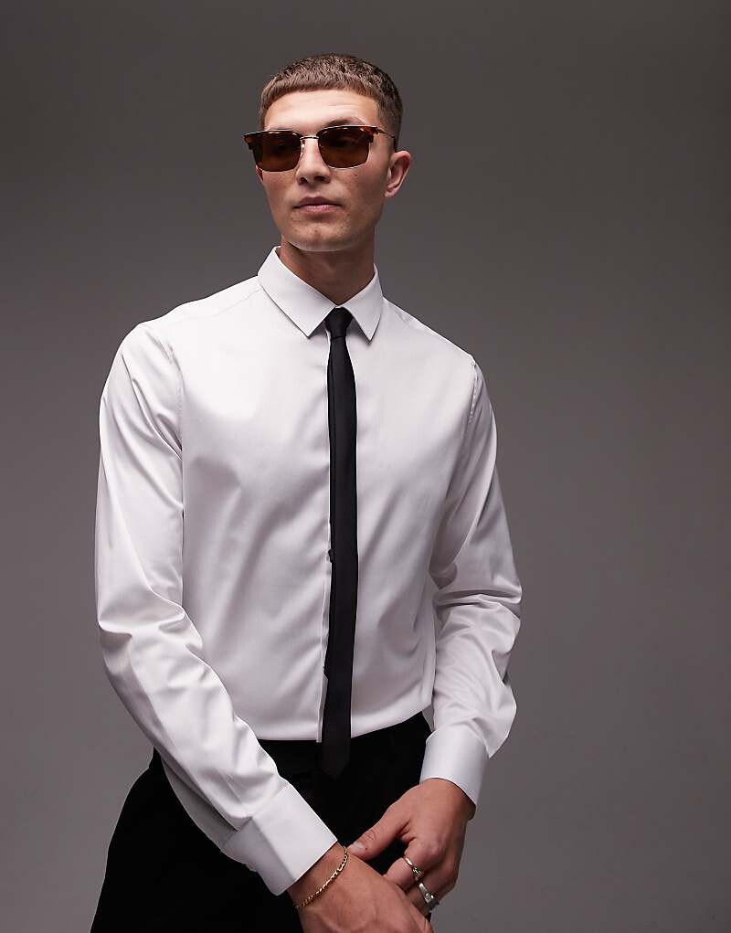 

Белая узкая сатиновая рубашка с длинными рукавами Topman