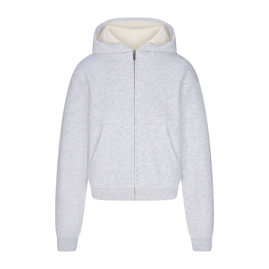 

Укороченная толстовка с капюшоном на молнии с вафельной подкладкой SKIMS Cotton Fleece, цвет Light Heather Grey