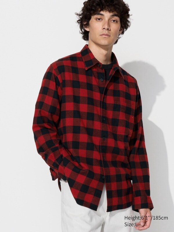 

Фланелевая рубашка обычный воротник, клетчатый Uniqlo, красный