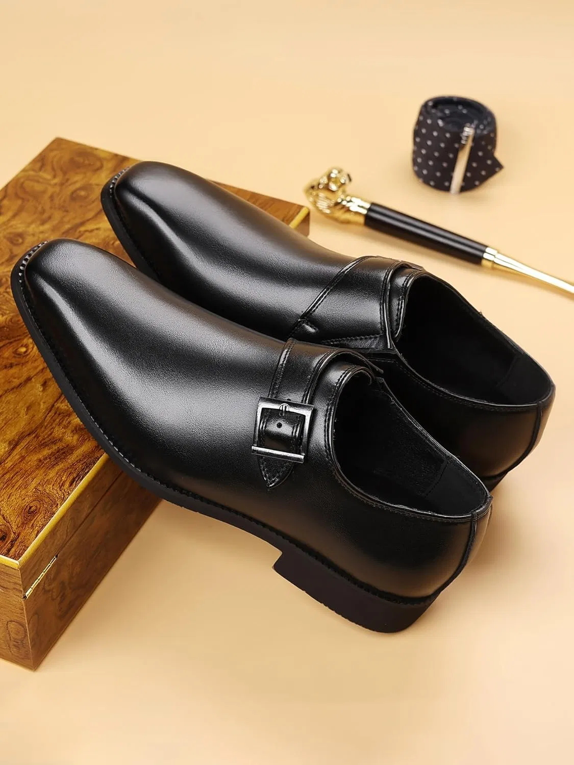 Лоферы мужские, кожаные, Monk Strap Loafers, Black SJIUTLYUE — фото 4