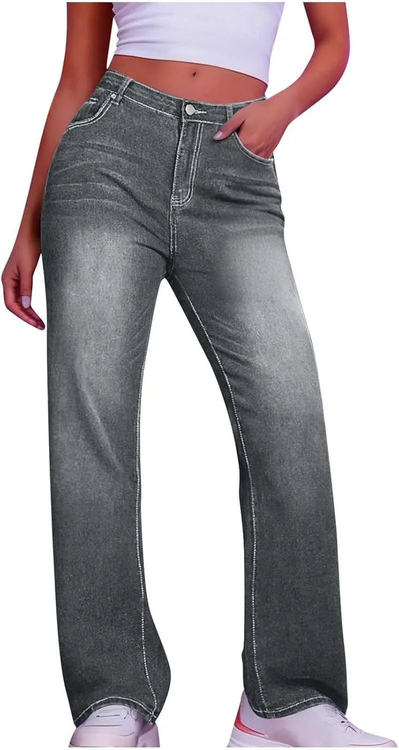 

Джинсы женские Straight Wide Leg High Waisted Stretchy