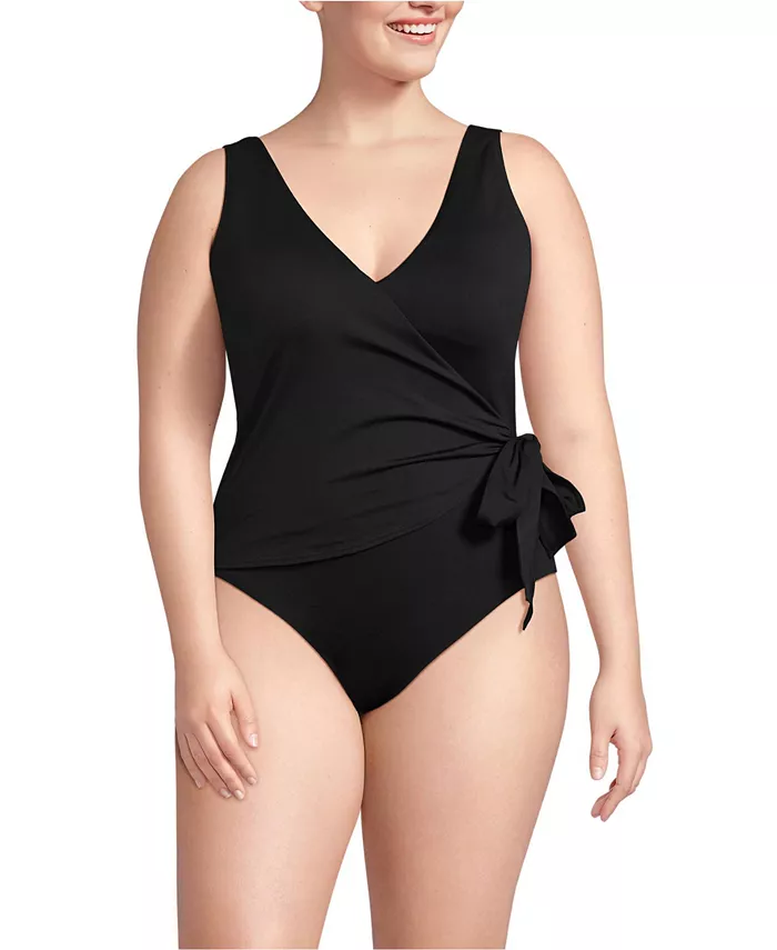 

Купальник Plus Size Side Tie Wrap One Piece с запахом и завязками по бокам Lands' End, черный