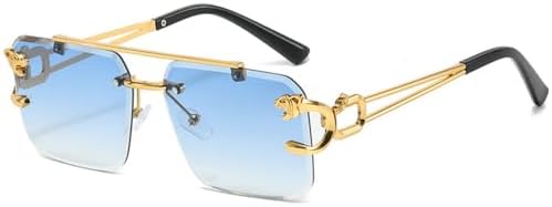 

Модные металлические солнцезащитные очки без оправы с леопардовым принтом для женщин и мужчин, солнцезащитные очки с двойным оправом, защита от УФ-излучения UV400 MTZJH, Gold Blue