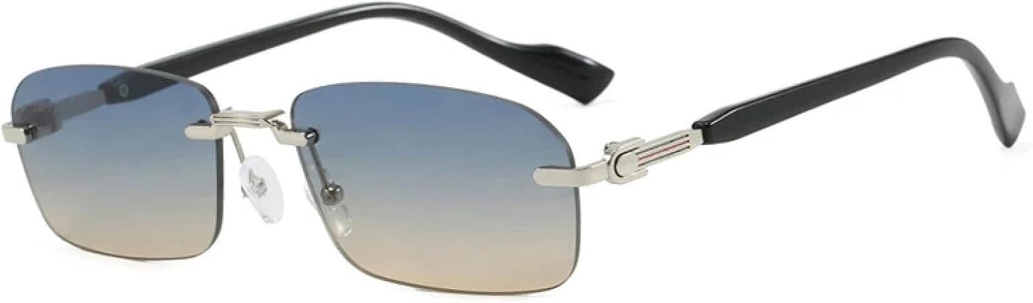 

Винтажные солнцезащитные очки без оправы для женщин и мужчин, роскошные, в стиле панк, с металлическими заклепками и зернистой текстурой дужек, защита от УФ-излучения UV400 TKKTLLT, Silver-bluebrown