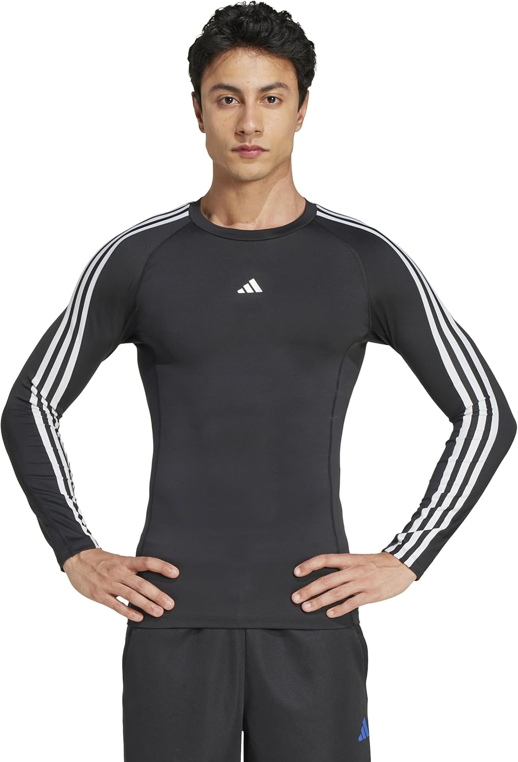 Мужская компрессионная тренировочная футболка adidas TechFit с тремя полосками и длинным рукавом, модель JTE76, черный