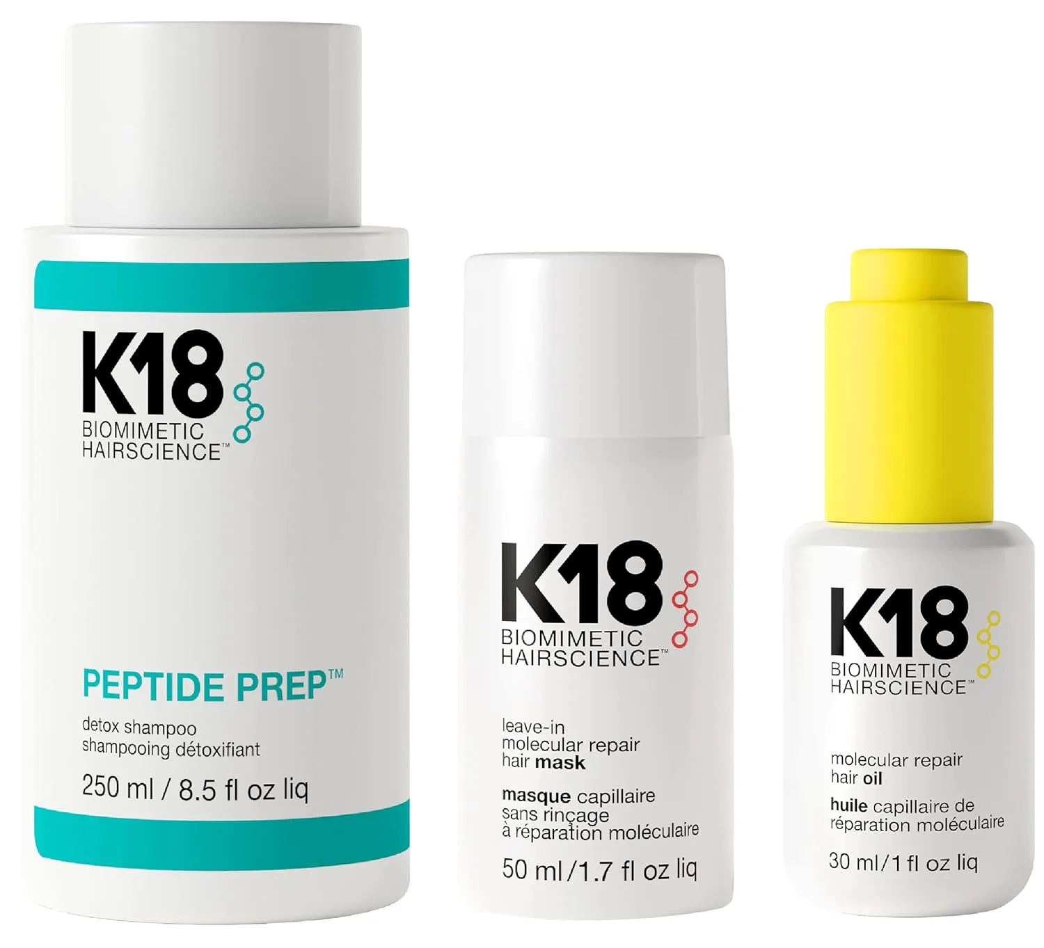 Набор K18 Detox & Repair: восстанавливающая несмываемая маска для волос, 4-минутное экспресс-средство 50 мл, шампунь для детокса 8,5 унций и укрепляющее масло для волос 30 мл