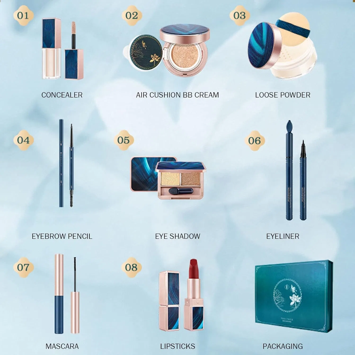 Набор косметики для начинающих Lipstick Eyeshadow Eyeliner Mascara Eyebrow Pencil Liquid Foundation Cushion Foundation Loose Face Powder 8 предметов Regoss — фото 3