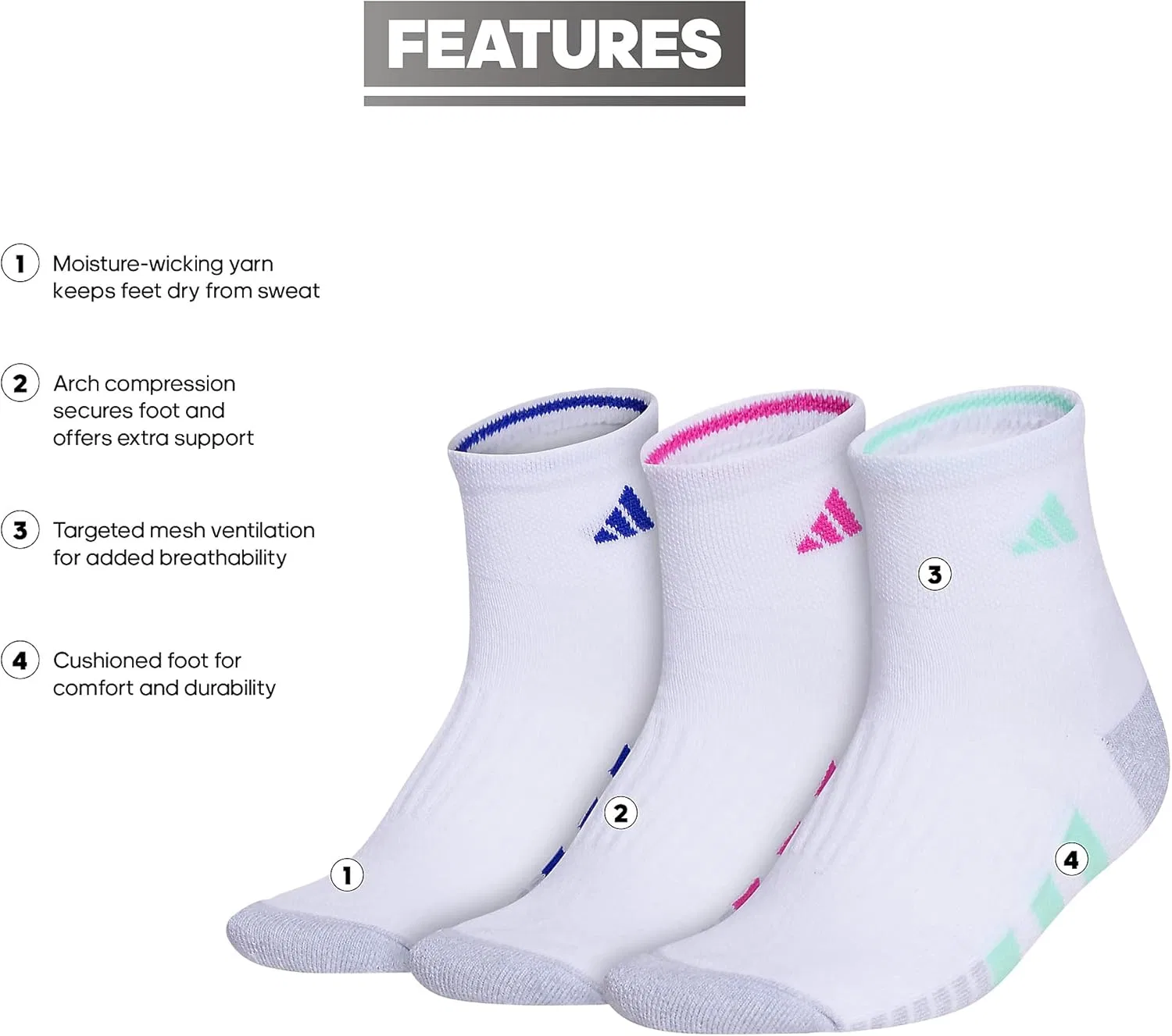 Носки женские adidas, 3 пары, White/Pulse Mint Green/Lucid Fuchsia Pink — фото 4