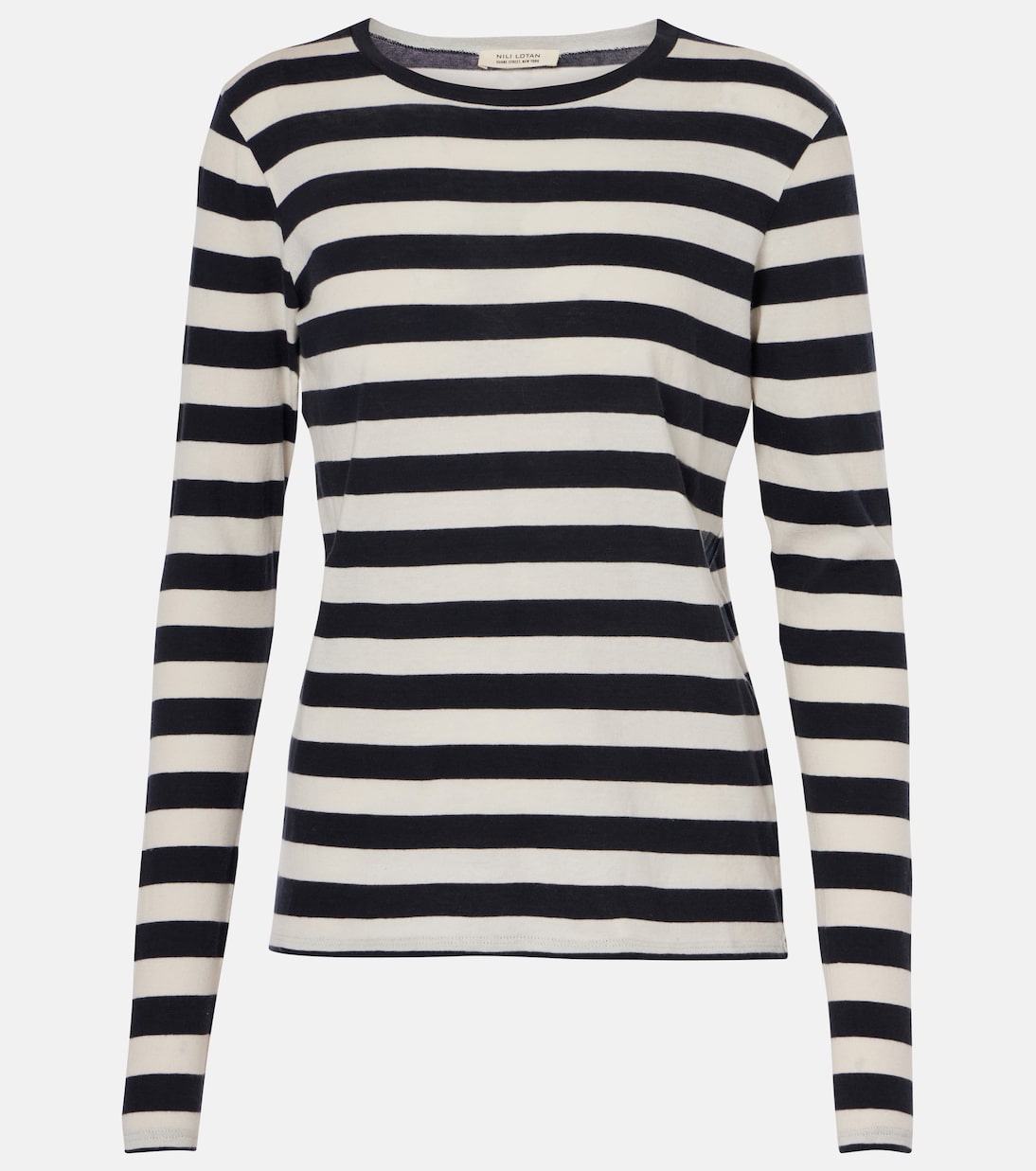 

Полосатая хлопковая футболка из джерси Nili Lotan, Navy/Ivory Stripe