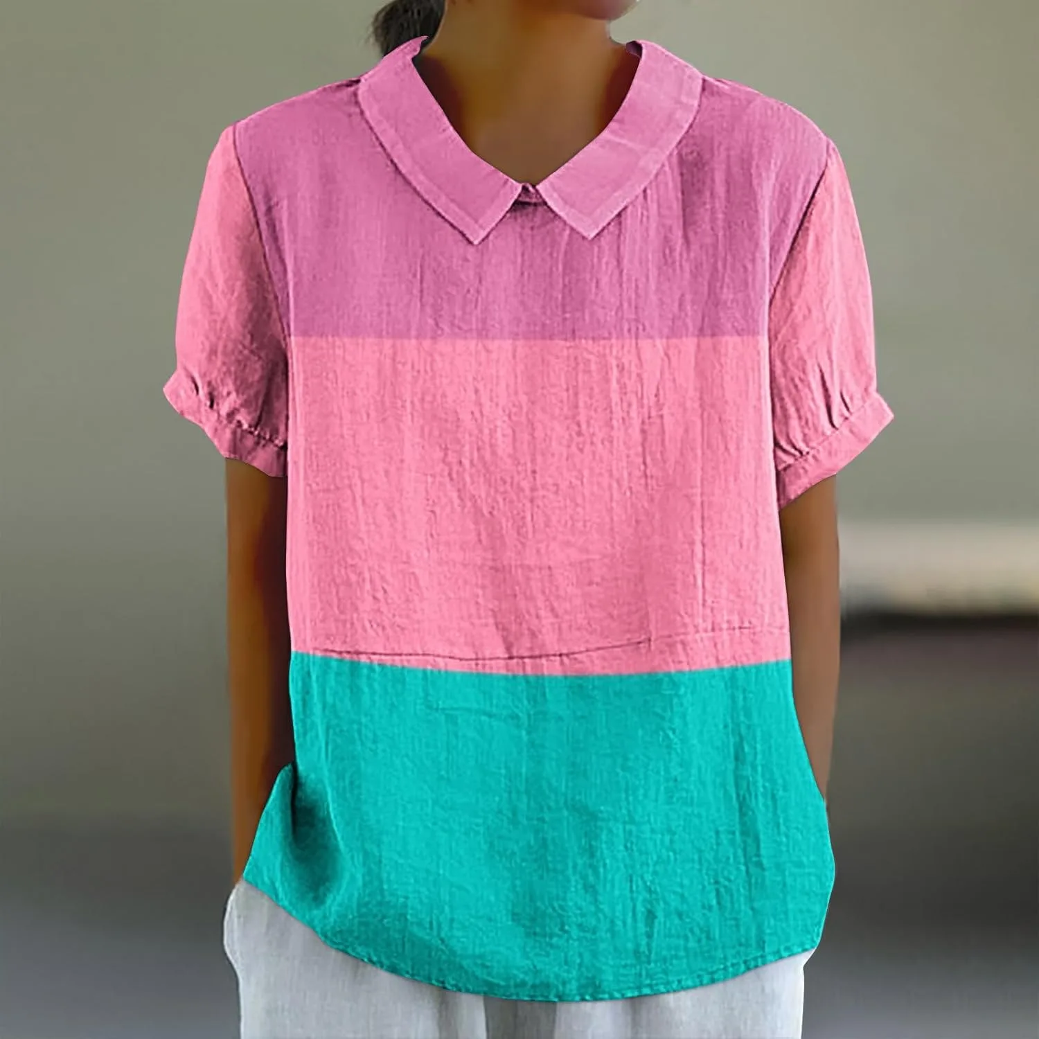 Женская футболка Plus Size лето 2024 Casual короткий рукав Loose Linen Color Block — фото 2