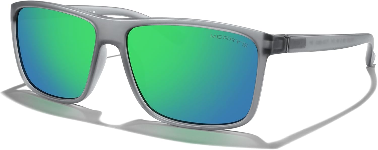 

Прямоугольные поляризованные спортивные солнцезащитные очки MERRY'S для мужчин и женщин, для езды на велосипеде, вождения, рыбалки, с защитой UV400, модель S8225, Tra Gray Frame/Gray Metal/Green Mirror Lens