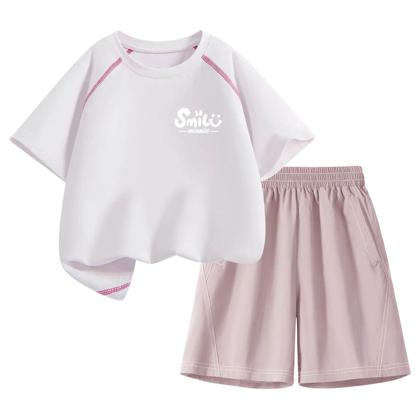 Детская спортивная футболка с круглым вырезом Disney, Di B Letter Smile Nini K Soft Peach Pink+Solid Color Soft Peach Pink