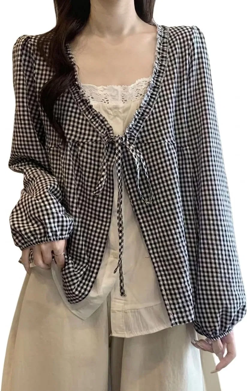 Блуза, гигам-чек, длинный рукав, V-образный вырез, черный