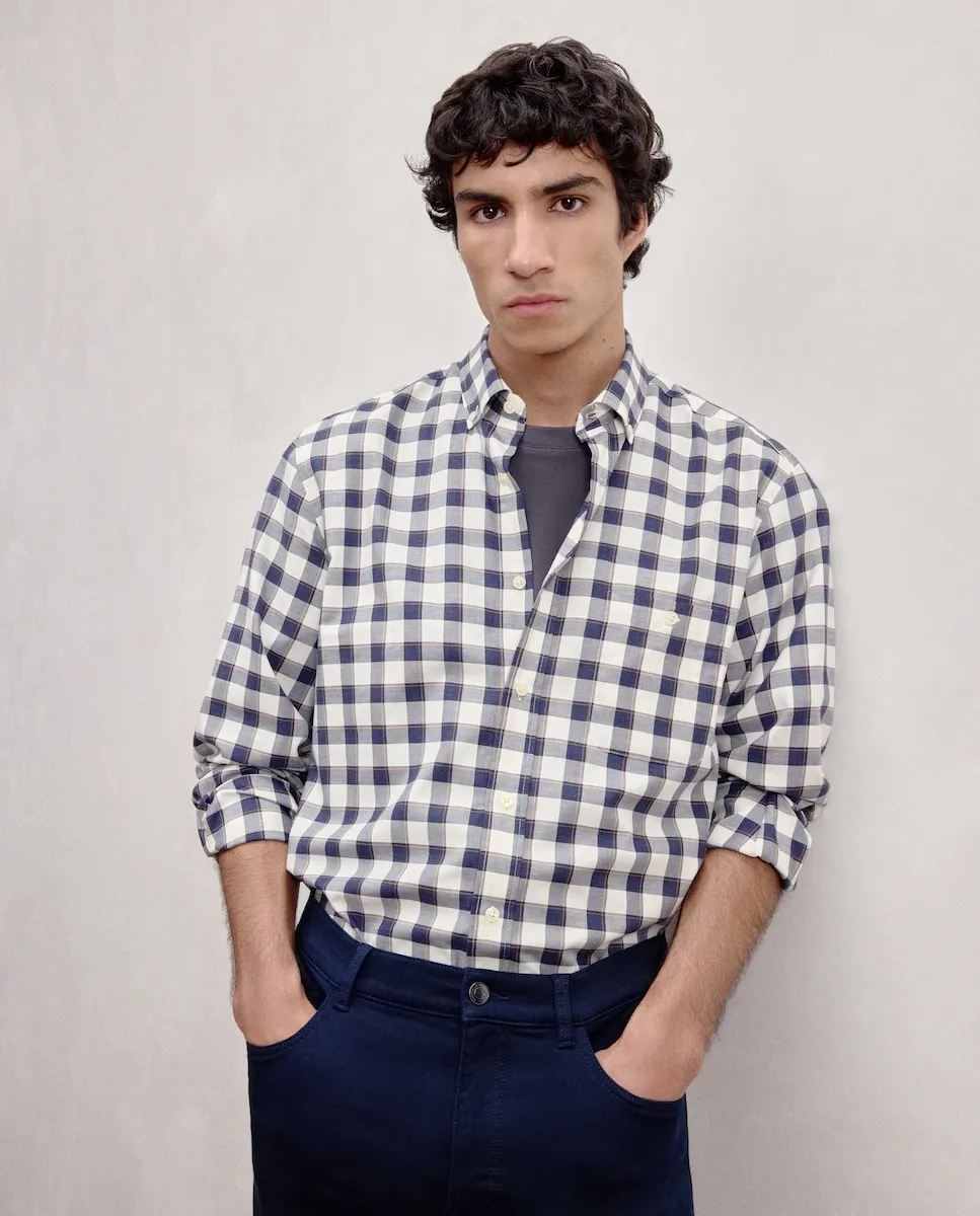 

Спортивная рубашка с длинным рукавом из твилл-ткани в синие клетки на светлом фоне Dustin