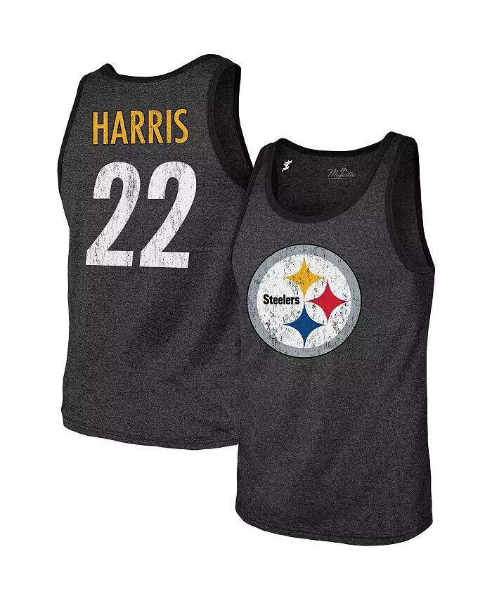 

Мужская майка-топ с тремя полосками Najee Harris Heathered Black Pittsburgh Steelers с именем и номером игрока Majestic