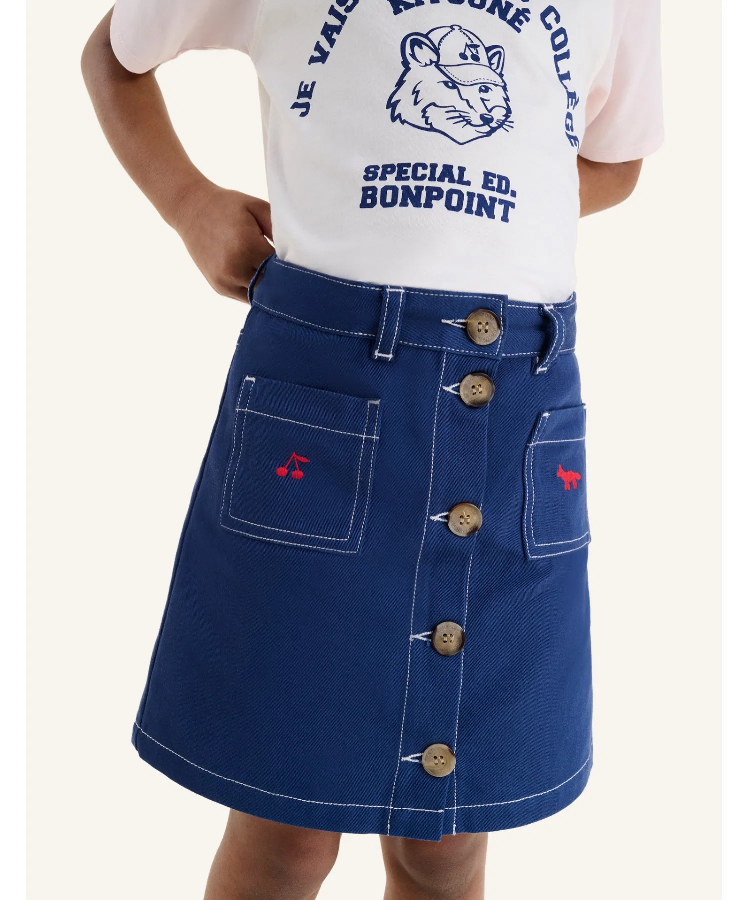 Юбка-трапеция Maison Kitsune из габардина с вышивкой, тёмно-синяя