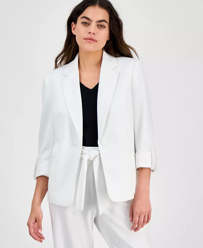 

Однобортный блейзер с закатанными рукавами на пуговице, Regular & Petite AK Anne Klein, белый