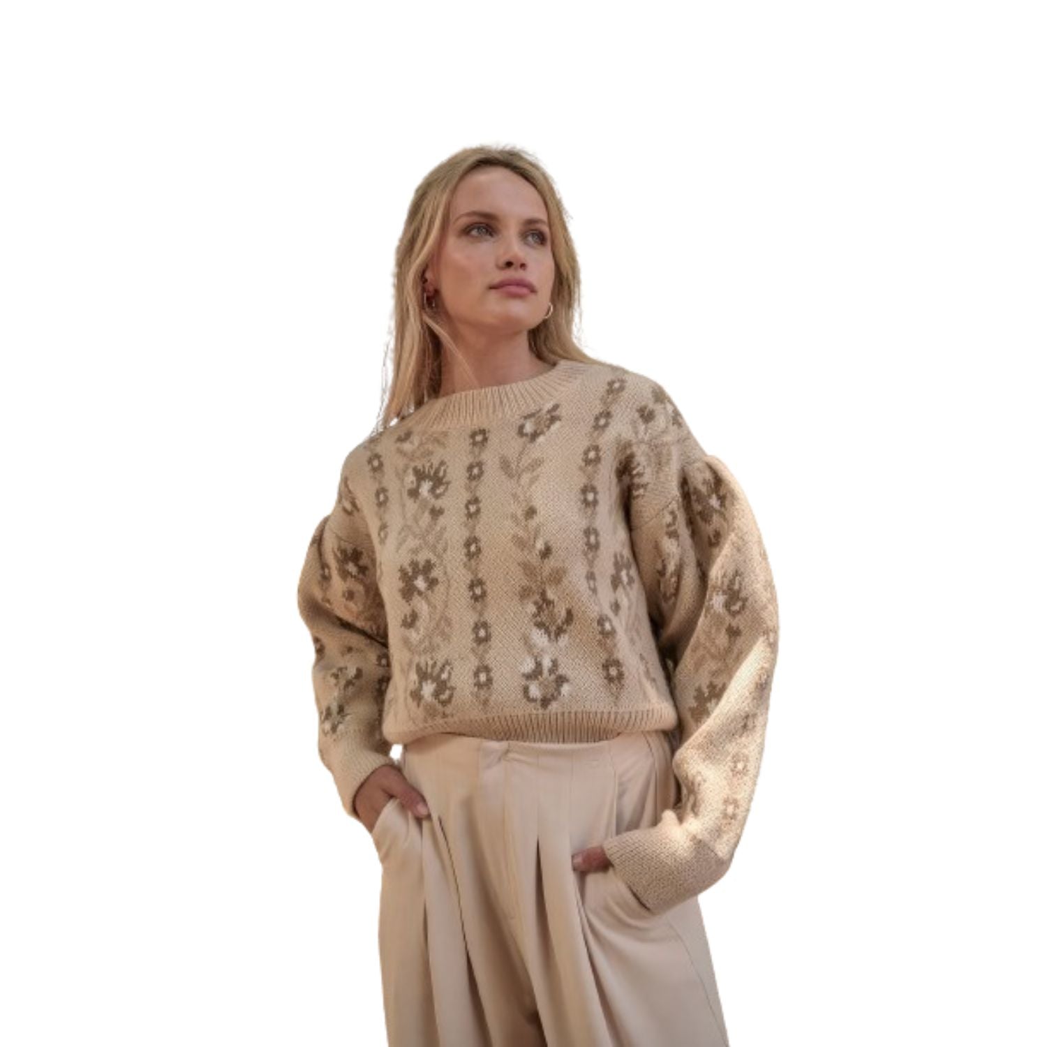 

Свободный свитер с цветочным принтом и длинными рукавами FASHNZFAB, цвет sand