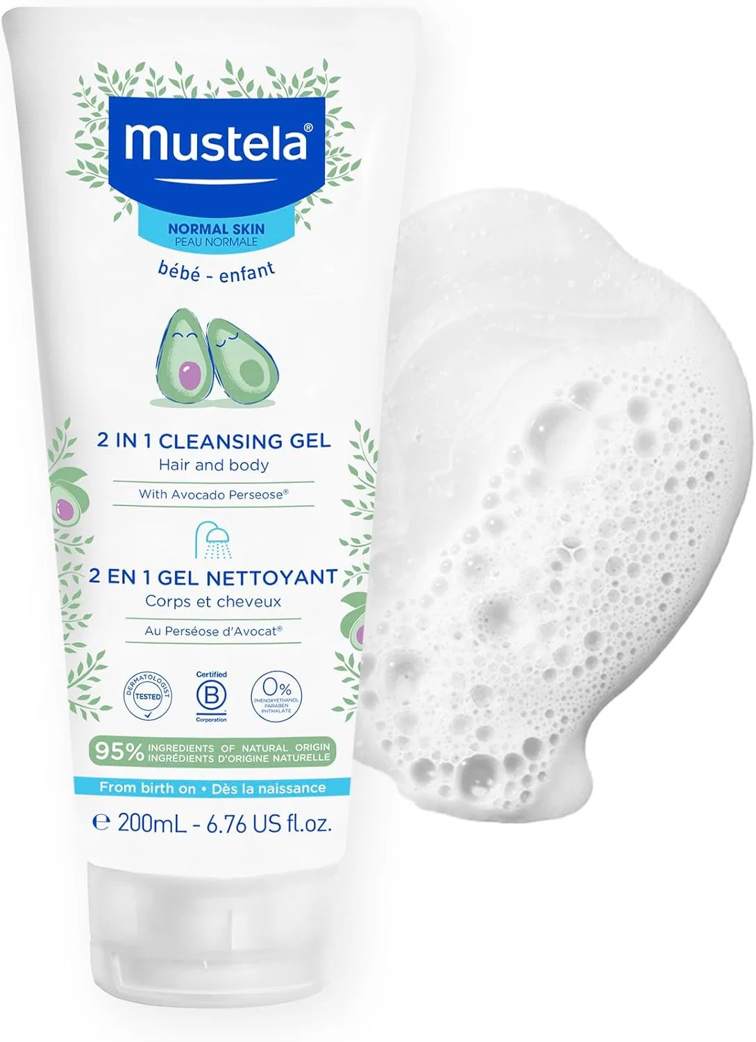 Гель для умывания Mustela — Двухфазный очищающий гель для тела и волос с авокадо, 200 мл