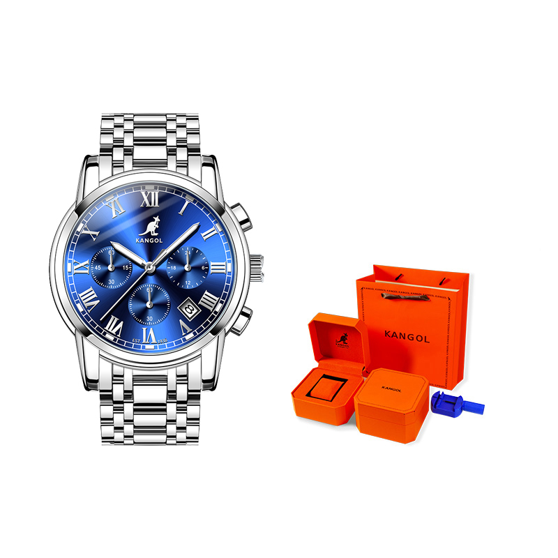 

KANGOL Часы Quartz Movement Metal Strap Watch Men's Watch Black Dial, Silver Case Blue Dial
