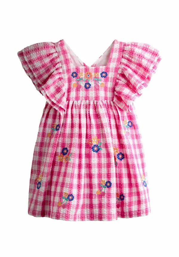 Платье в клетку с цветочным узором и вышивкой, прямого кроя. Jojo Maman Bébé, Bright Pink