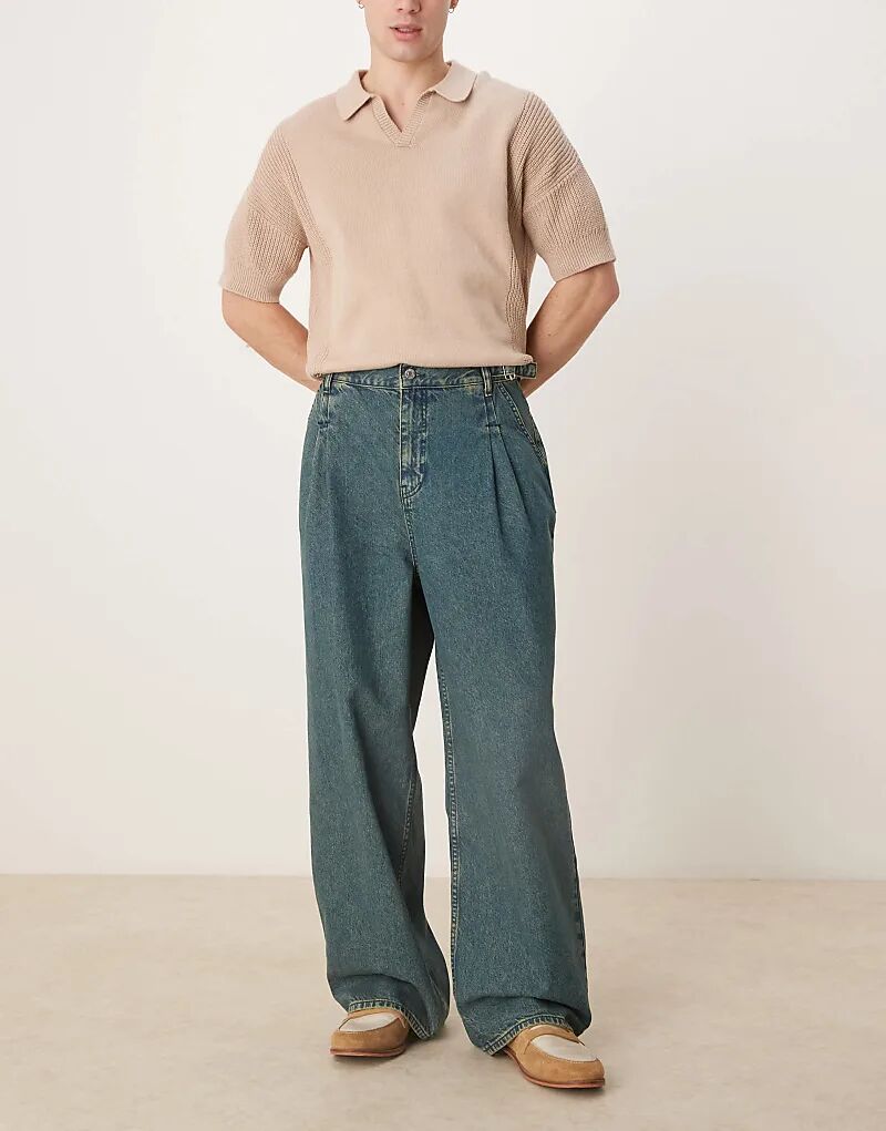 

Джинсы ASOS DESIGN средне-синего цвета с завязками по бокам и двумя складками