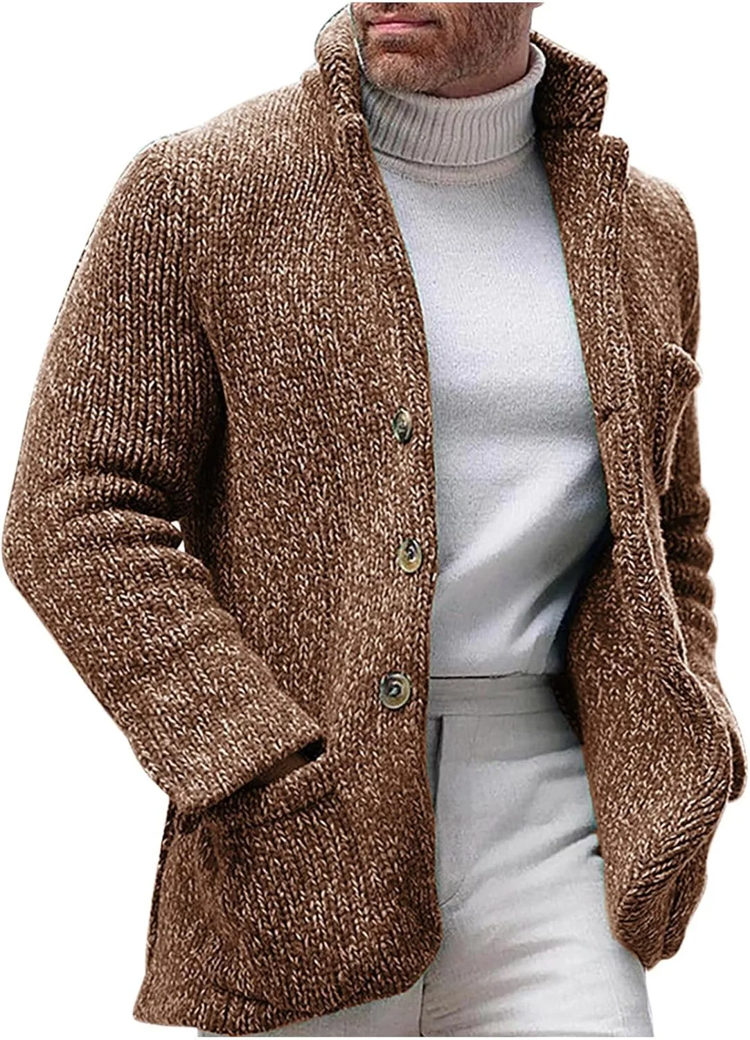 

Свитер-блейзер мужской Single Breasted с карманами Stand Collar Cable Knitted Thatrich