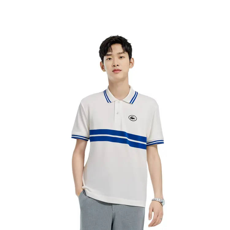 Полосатая поло из органического хлопка LACOSTE, бело-синяя — фото 4