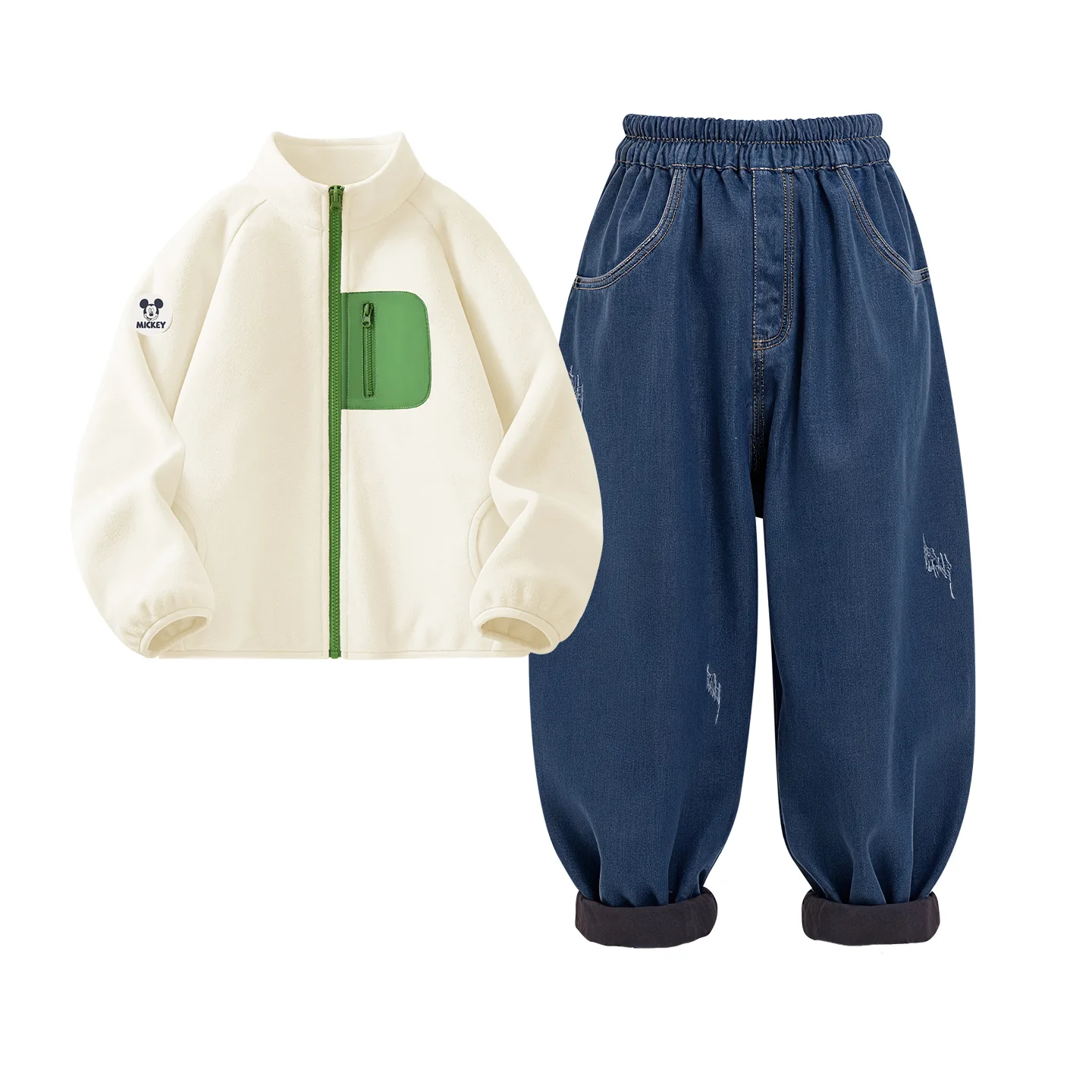 Детская спортивная одежда с воротником стойкой на флисе Disney, [Thickened and Fleece-Lined]Didi Medium Round Hook-and-Loop K Light Milk White+Solid Color Denim Blue