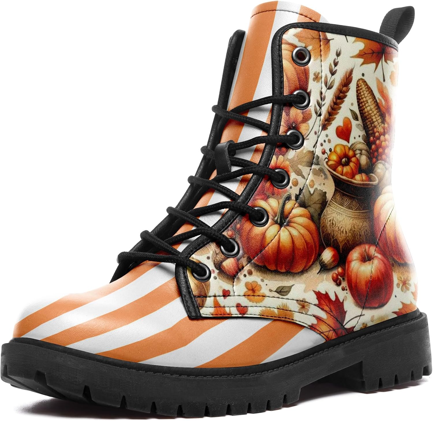 

Женские кожаные боевые ботинки средней длины с шнуровкой, с художественными узорами грибов и цветов для походов и повседневной носки Awsole, черный/оранжевый
