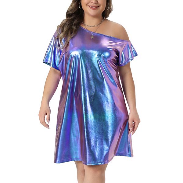 

Женское платье-футболка plus size metallic off the shoulder clubwear с голографическим эффектом Agnes Orinda, Purple