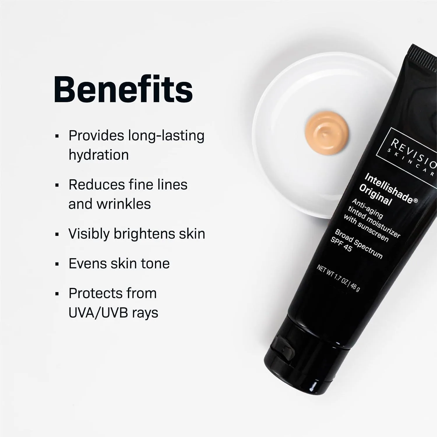 Revision Skincare Intellishade Original SPF 45, тонирующий антивозрастной солнцезащитный крем для лица, ежедневный увлажняющий крем с SPF, против морщин с пептидами и витамином C, увлажняющий крем широкого спектра, 50 мл — фото 2