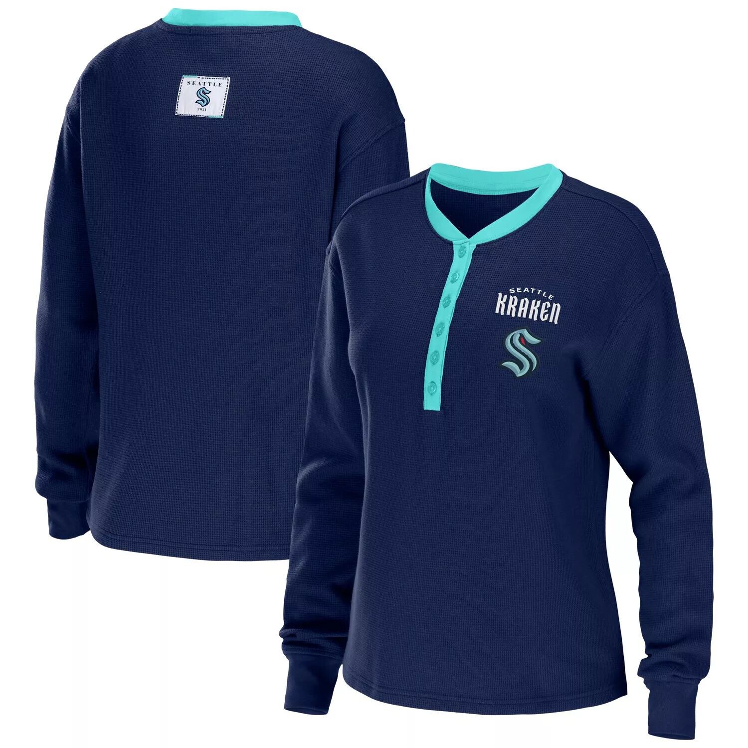 

Женская футболка WEAR by Erin Andrews Deep Sea Blue Seattle Kraken Waffle Henley с длинным рукавом