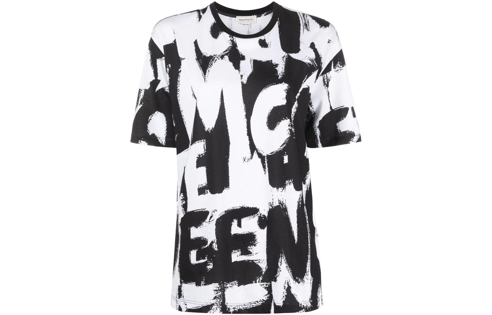 

Футболка женская SS22 Alexander McQueen, черно-белая, Черный, Футболка женская SS22 Alexander McQueen, черно-белая