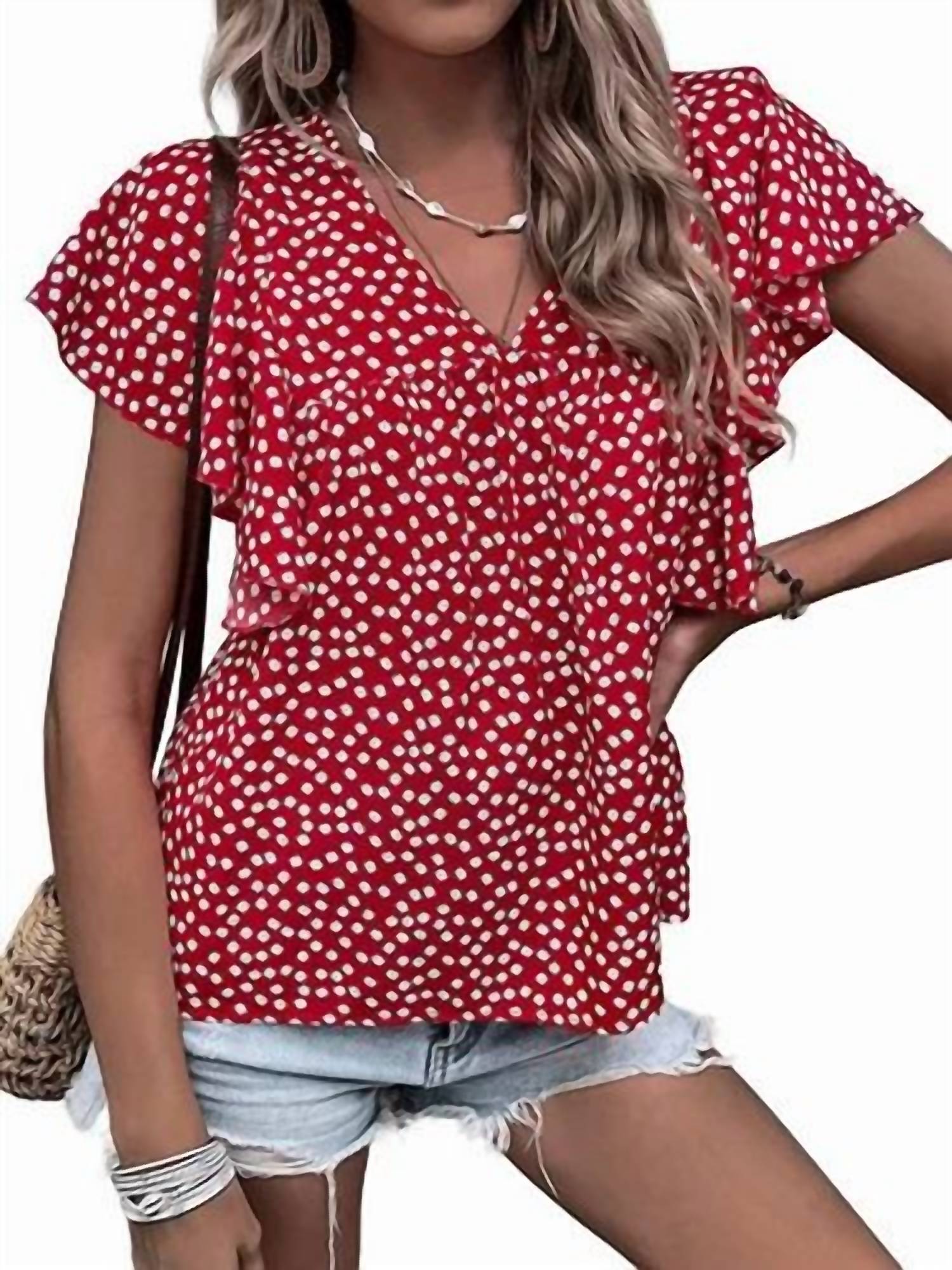 

Топ Lauren Floral Flutter Sleeves красного цвета Shewin