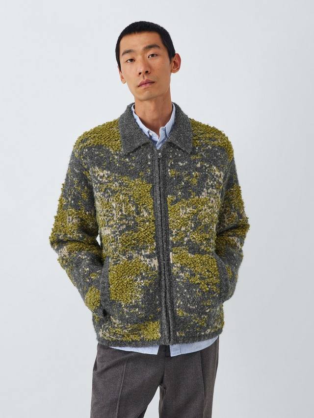 

Кардиган с молнией из мериносовой шерсти с текстурной вязкой John Lewis, Olive/Multi, S