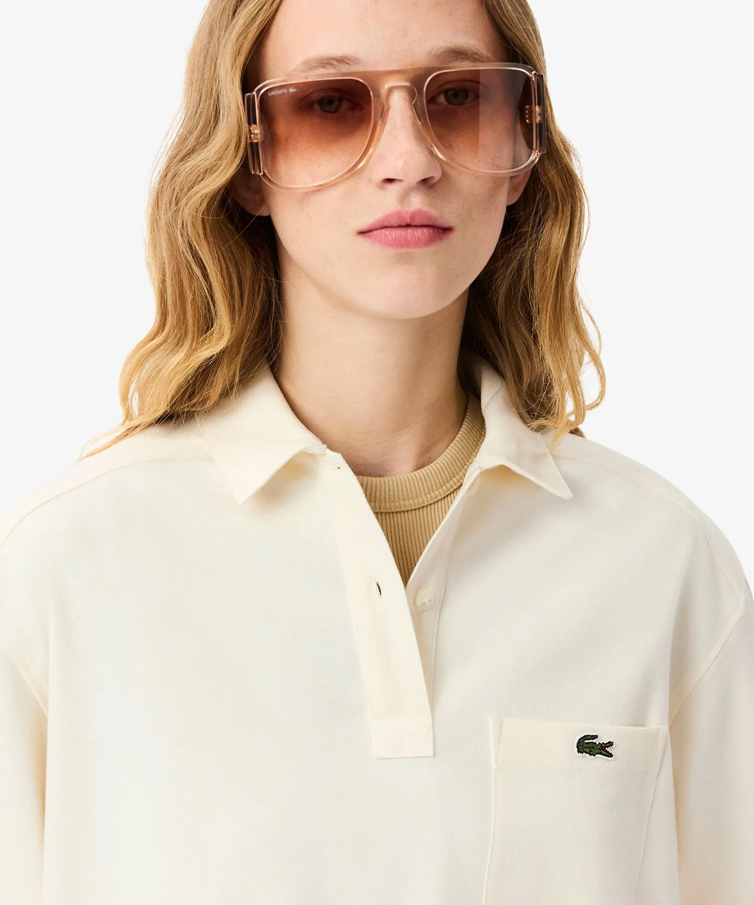 Рубашка фланелевая LACOSTE HF8424-10 оверсайз, полузастежка, бежевая — фото 2