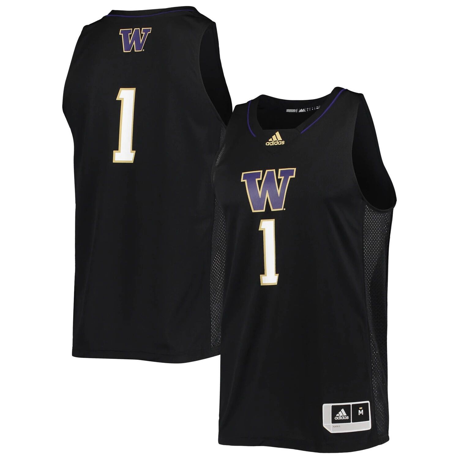 Мужская черная баскетбольная майка #1 Washington Huskies Swingman adidas — фото 4