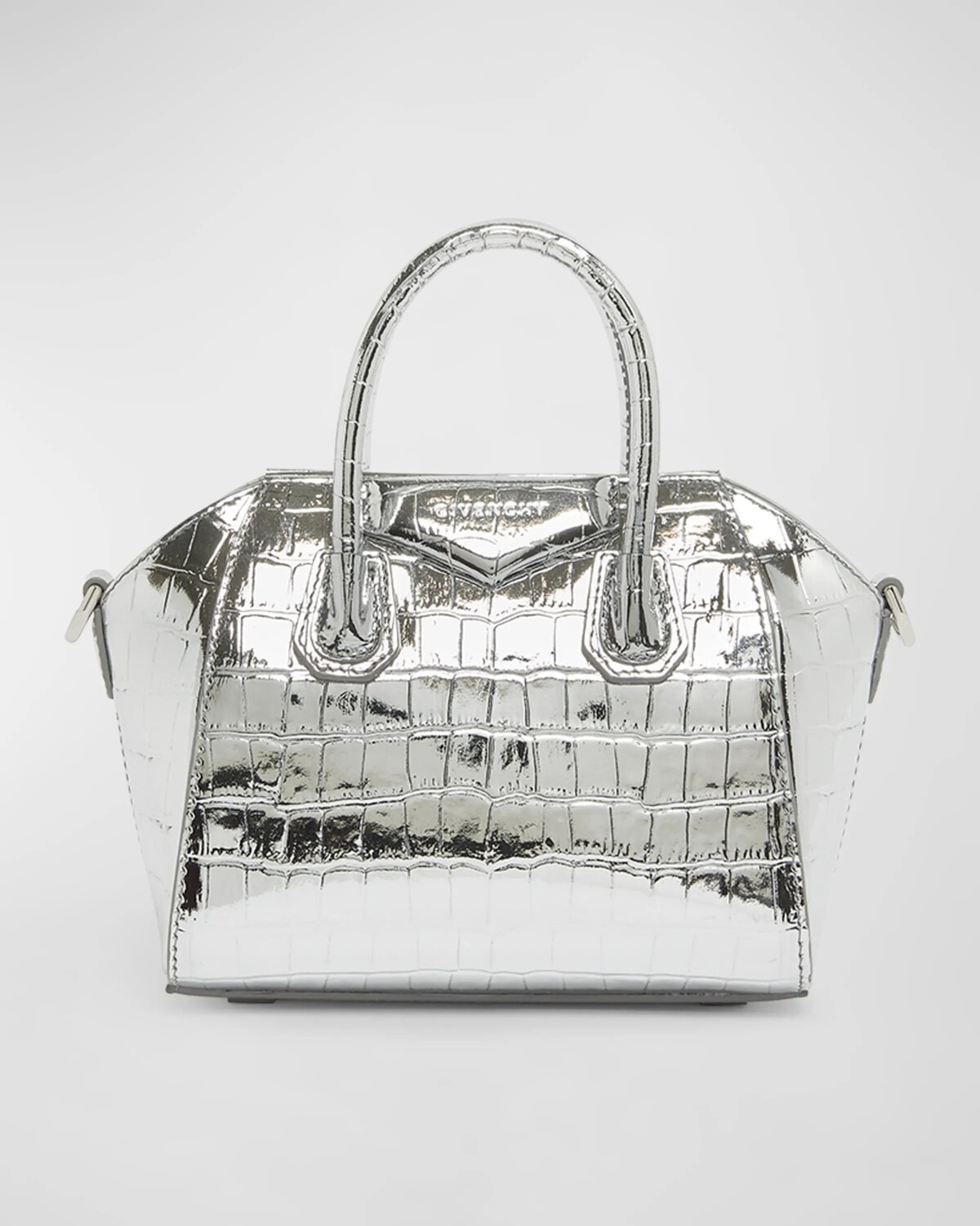 

Сумка Antigona Toy с верхней ручкой из кожи с металлизированным тиснением под крокодила Givenchy, цвет Light Silver