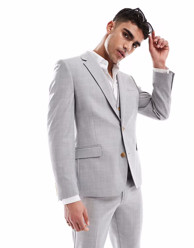 

Узкий пиджак из льняной смеси в серую клетку Asos Design