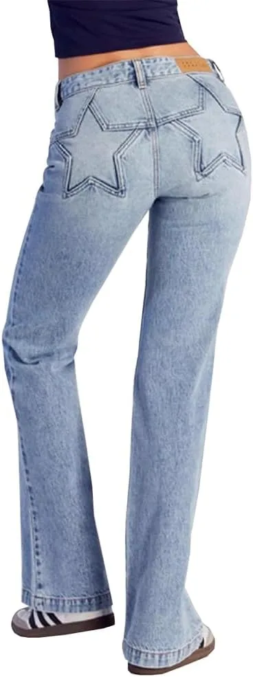 

Женские джинсы bootcut с высокой талией и карманами в виде звезд TACSTRUN