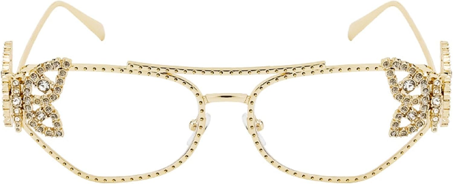 

Роскошные солнцезащитные очки с многоугольными линзами, украшенные стразами, для женщин, в винтажной металлической оправе в виде бабочки, стильные очки с защитой от УФ-излучения mincl, Gold Clear