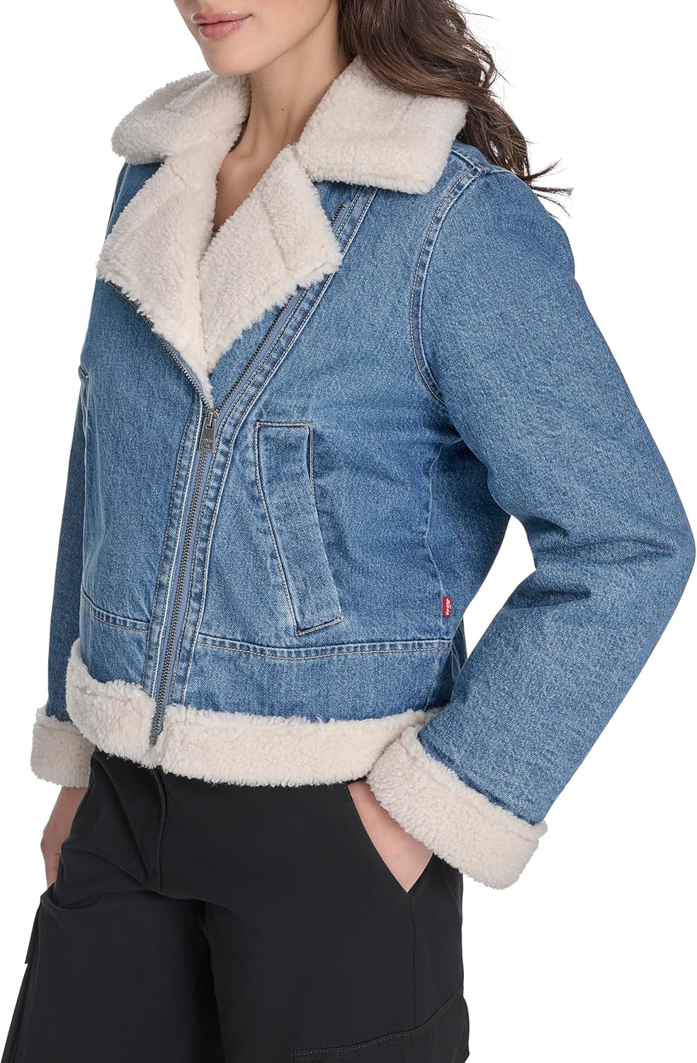 Женская джинсовая байкерская куртка Levi's с подкладкой из шерпы, Medium Wash Denim — фото 3